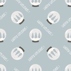 Christmas seamless pattern with snowballs and winter scenes. greeting text