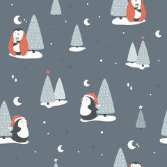 Christmas seamless pattern with fir trees and cute penguins at North Pole.