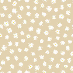 Camomile seamless vector pattern. Hand-drawn white flowers with yellow centers isolated on beige background. Botanical ornament. Cute plant illustration for wallpaper, wrapping paper, clothing, prints