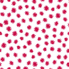 Camomile seamless vector pattern. Hand-drawn pink flowers with yellow centers isolated on white background. Botanical ornament. Cute plant illustration for wallpaper, wrapping paper, clothing, prints