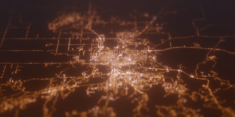 Street lights map of Rapid City (South Dakota, USA) with tilt-shift effect, view from west. Imitation of macro shot with blurred background. 3d render, selective focus