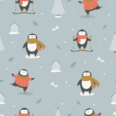 Christmas seamless pattern with fir trees, tine houses and adorable penguins