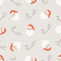 Fototapeta na wymiar Christmas seamless pattern with cute santas and holiday garlands