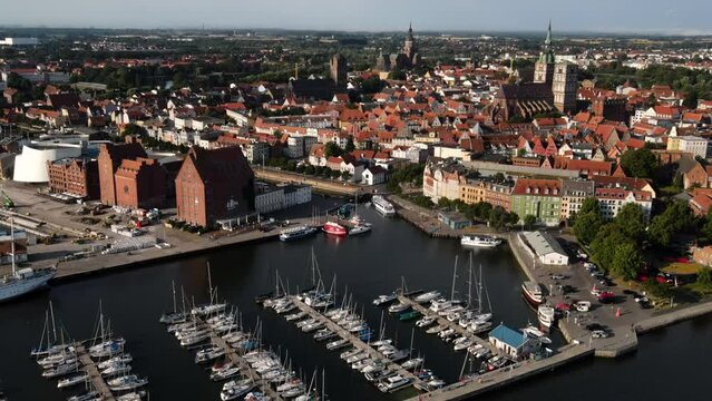 Aerial view on Stralsund in Mecklenburg-Western Pomerania, Baltic Sea, Germany