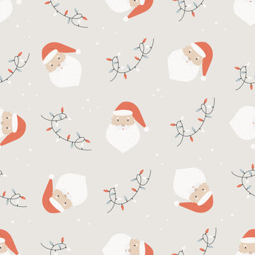 Christmas seamless pattern with cute santas and holiday garlands