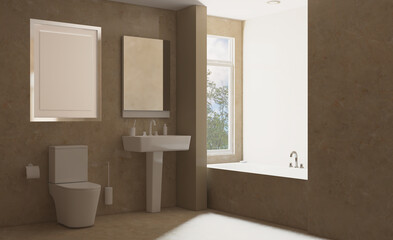 Fototapeta na wymiar Clean and fresh bathroom with natural light. 3D rendering.. Mockup. Empty paintings