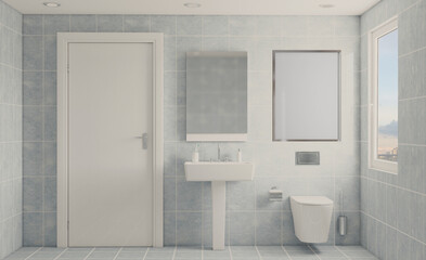 Spacious bathroom in gray tones with heated floors, freestanding tub. 3D rendering.. Mockup.   Empty paintings
