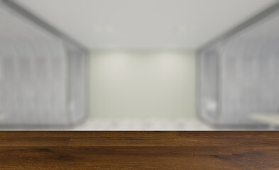 Fototapeta premium Open space office interior with like conference room. Mockup. 3D. Background with empty wooden table. Flooring.