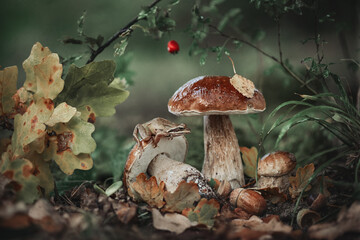 Fantastic beautiful magical fairy meadow with mushrooms and a frog in a fabulous enchanted forest, on a mysterious natural background. Forest mushrooms. Artistic image of the beauty of nature