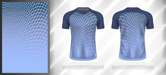 Vector sport pattern design template for V-neck T-shirt front and back with short sleeve view mockup. Shades of blue-gray color gradient abstract texture background illustration. © WK Dannait B