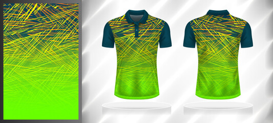 Vector sport pattern design template for Polo T-shirt front and back with short sleeve view mockup. Green-yellow-blue-orange color gradient abstract line texture background illustration.