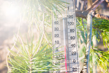 Thermometer on weather shows low temperatures in fahrenheit or celsius with pretty green colors of...