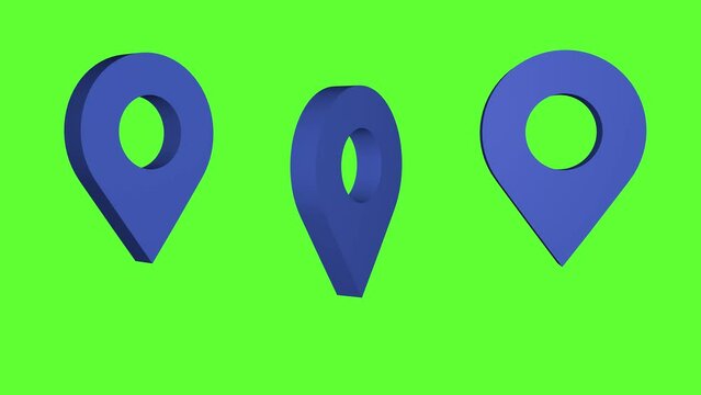 Three animated geolocation icons on a green screen. 3D animation.
