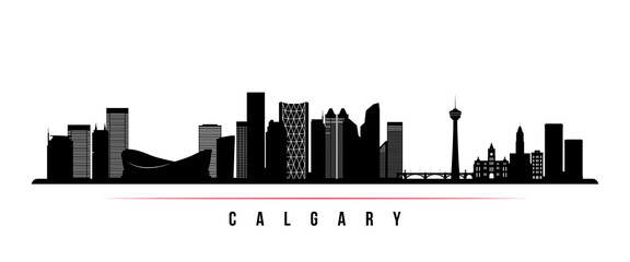 Calgary skyline horizontal banner. Black and white silhouette of Calgary, Canada. Vector template for your design.