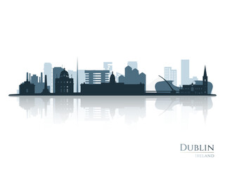 Dublin skyline silhouette with reflection. Landscape Dublin, Ireland. Vector illustration.