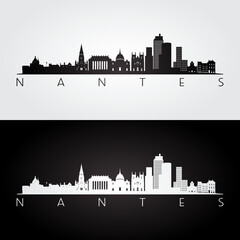 Nantes skyline and landmarks silhouette, black and white design, vector illustration. - obrazy, fototapety, plakaty