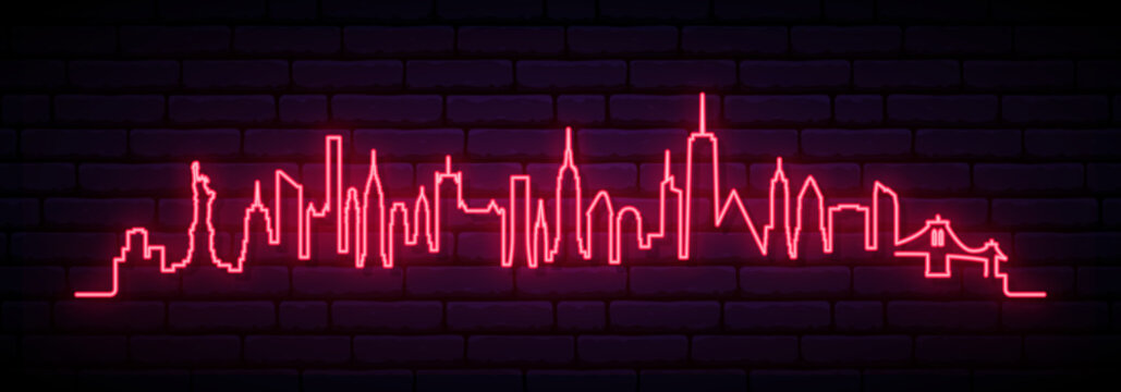 Red neon skyline of Manhattan. Bright Manhattan City long banner. Vector illustration.