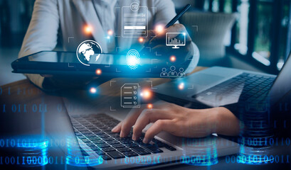 Online transactions, Businessman touching fingerprint scan provides security interface payment shopping banking and cloud computing network connection on virtual screen.