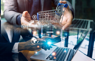 Online transactions, Businessman touching fingerprint scan provides security interface payment shopping banking and cloud computing network connection on virtual screen.