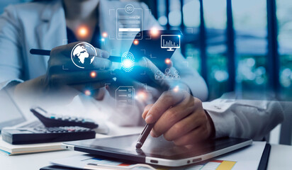 Online transactions, Businessman touching fingerprint scan provides security interface payment shopping banking and cloud computing network connection on virtual screen.