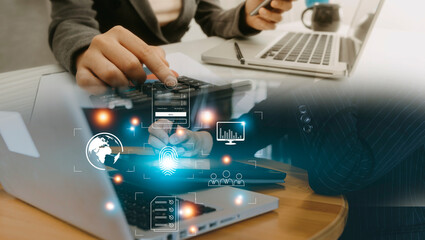 Online transactions, Businessman touching fingerprint scan provides security interface payment shopping banking and cloud computing network connection on virtual screen.