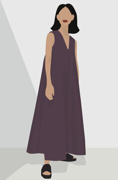 Vector flat illustration of a young brunette with short hair. Lady in a long summer dress and dark sandals. Design for postcards, avatars, posters, backgrounds, templates, textiles.