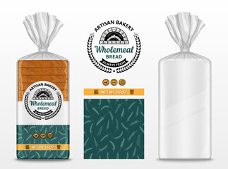 Vector bread packaging design template, branding and identity design elements. Transparent plastic bag packaging mockup