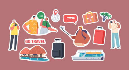 Set Of Stickers Tourists Men And Women Backpackers With Rucksacks And Cameras Isolated Patches. Travelers Hiking