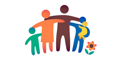 Family silhouettes. Happy family icon multicolored in simple figures. ?hildren, dad and mom stand together. Parents and twins children. Vector can be used as logotype.