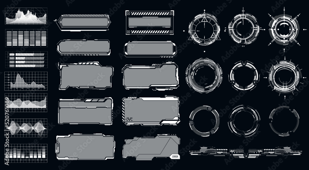 Poster Retro hud frame. Digital futuristic ui game digital forms,  modern user interface elements, control panel. Hud interface icons vector illustration set. Circle and rectangular shape borders.