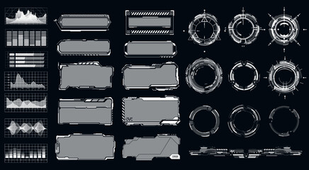 Retro hud frame. Digital futuristic ui game digital forms,  modern user interface elements, control panel. Hud interface icons vector illustration set. Circle and rectangular shape borders. © ZinetroN
