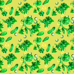 Seamless pattern of green cucumbers, vegetable watercolor illustration