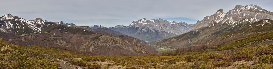 Green valley mountain panoramic landscape. Cares route. Castilla Leon, Spain