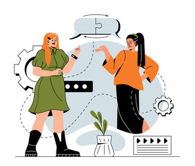 Concept of customer relations. Communication with consumers, solving their problems, feedback. Two young women conversation with each other. Improve work quality. Cartoon flat vector illustration