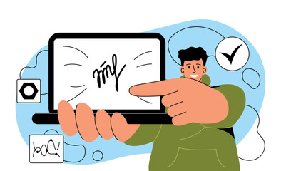 Signing electronic document. Internet security. Confirmation of transactions and orders. Online negotiations. Young man shows his signature on laptop screen. Cartoon flat vector illustration