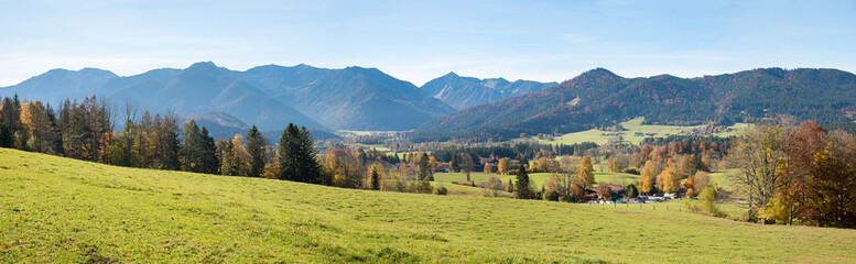 Fototapeta na wymiar alpine autumn landscape Fischbachau, view to famous cafe and restaurant
