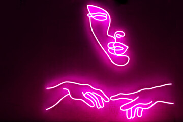 Pink neon sign beauty face and arms. Trendy style. Neon sign. Custom neon. 