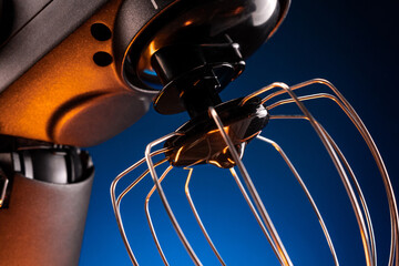 Plated planetary mixer, whisk and bowl close up, kitchen helper