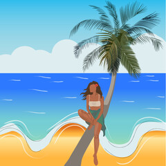 Girl near the palm tree next to the sea ocean flat style 