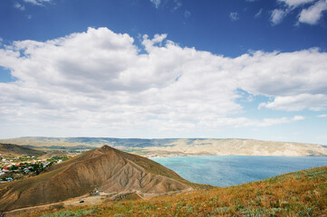 Aerial view of small Crimean town on the Black sea shore, Ukraine.