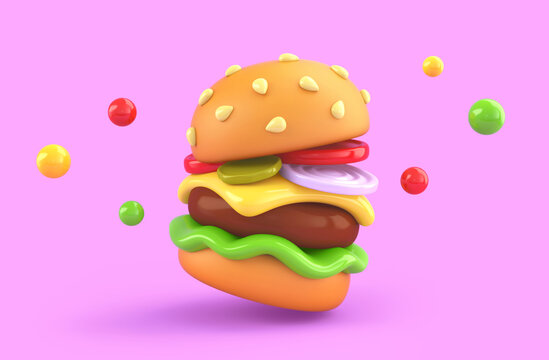 Cartoon burger on pink background. Clipping path included