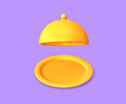 Yellow serving tray and cloche isolated on purple background
