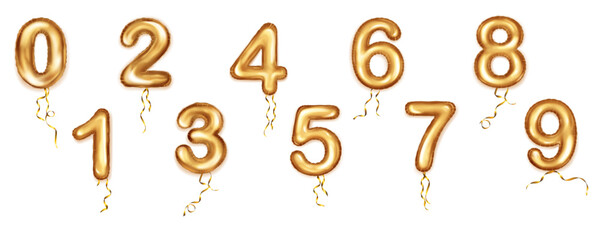 Set of foil golden balloons shape of numbers from 0 to 9 with ribbons