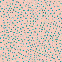 Abstract vector background with glitch polka dot distortion. Seamless noise texture pink blue backdrop. Irregular scattered dots repeat. Confetti circles all over print. Dotted background.