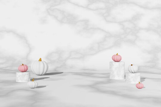 Fall creative concept pink white pumpkins marble podium scene 3D rendering. Halloween Thanksgiving seasonal sale design. Product promotion showcase. Autumn art presentation. Modern holiday decorations
