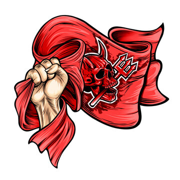 Vector illustration hand with red Devils flags 
