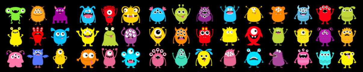 Monster super big icon set. Happy Halloween. Cute cartoon kawaii baby character. Funny head face colorful silhouette. Eyes teeth horn fang tongue. Hands up, down. Flat design. Black background.
