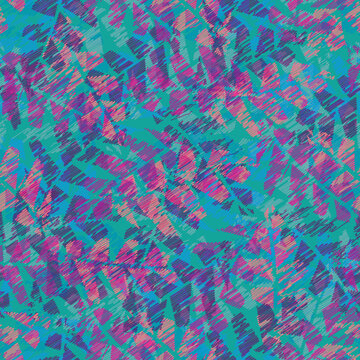 Abstract painterly scribble style leaves tropical seamless vector pattern background. Faux batique effect with overlapping layered scribbled foliage in aqua blue purple. Hand drawn botanical repeat.