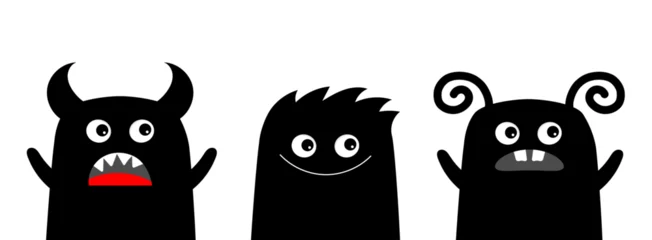 Fotobehang Monster icon set line. Happy Halloween. Cute cartoon kawaii baby character. Funny face head black silhouette. Eyes teeth fang tongue fur. Hands up. Flat design. White background. © worldofvector