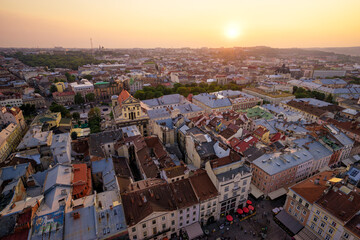 Beautiful top view with roofs of old European town. Lviv Ukraine.